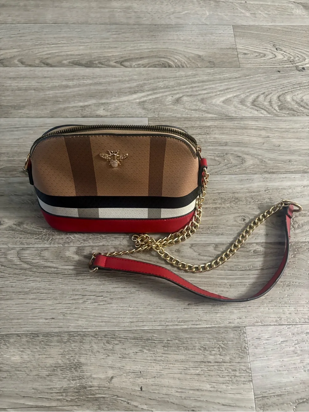 Striped Red and Tan Crossbody Camera Bag with Gold Bee Accent